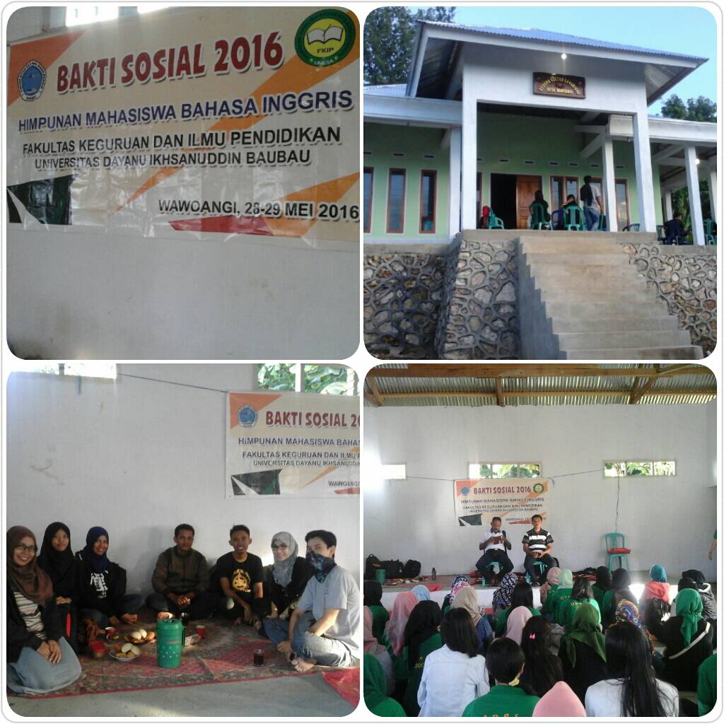 (searah jarum jam) 1) Spanduk 2) Gedung Sultan Saparigau, 3) Pembekalan dari Bapak Kepala Desa Wawoangi dan Sekprodi, 4) Para dosen FKIP Pend. Bhs. Inggris Unidayan